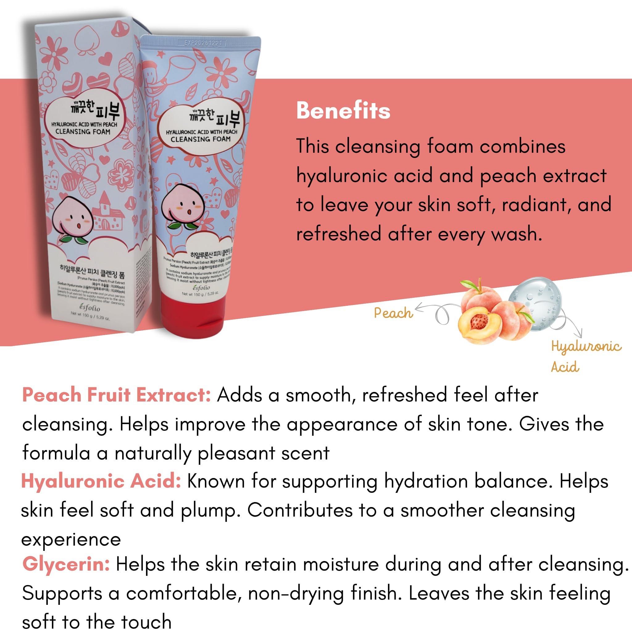 Esfolio Hyaluronic Acid Peach Cleansing Foam – Moisturizing Facial Cleanser