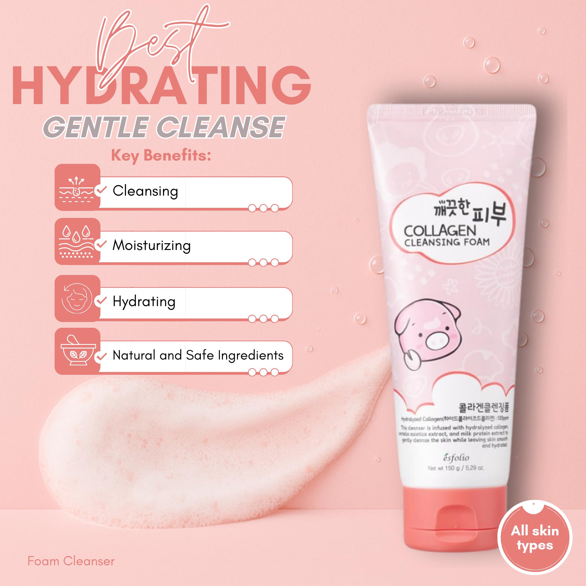 Esfolio Collagen Cleansing Foam – Hydrating Foaming Cleanser with Centella & Milk Protein (150ml)