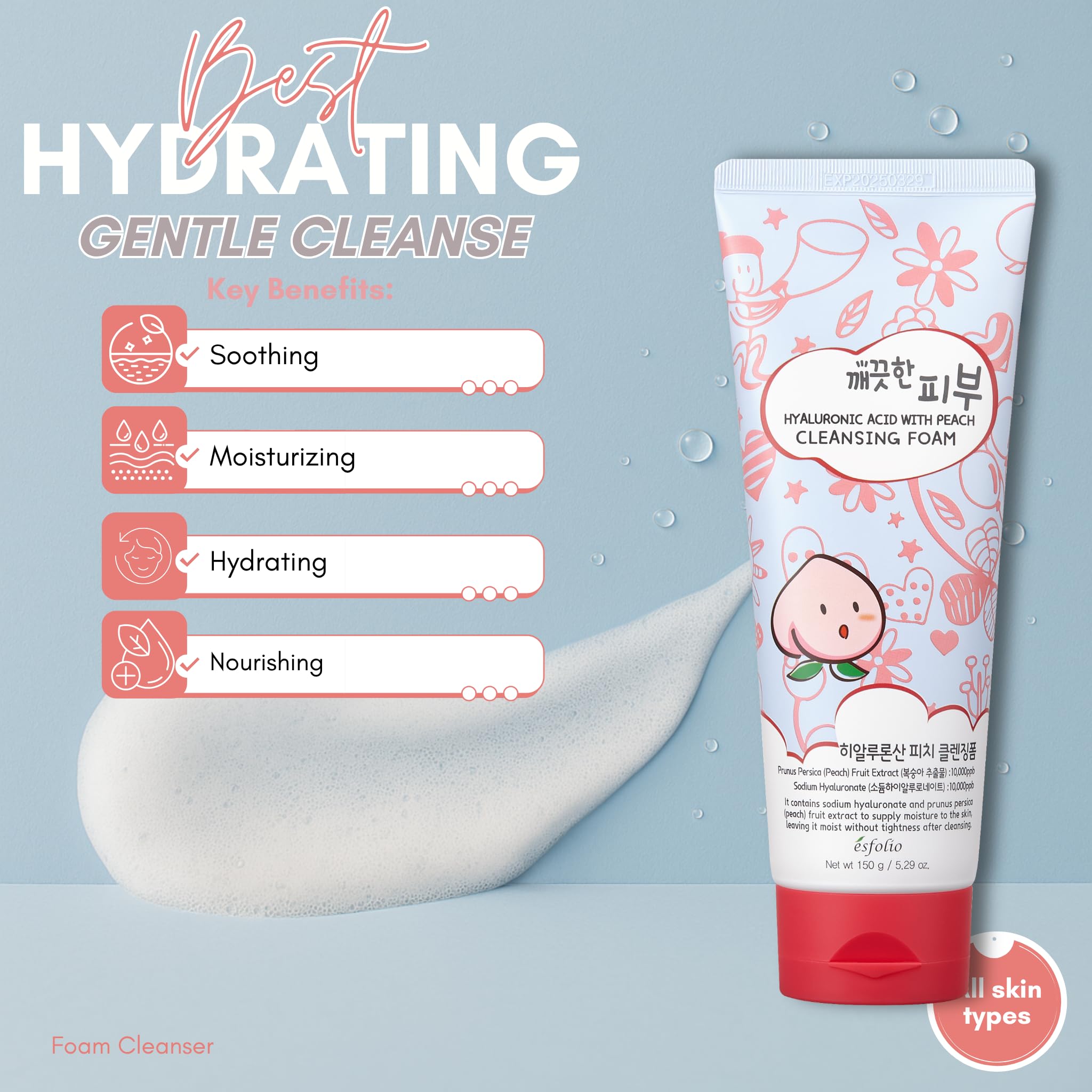 Esfolio Hyaluronic Acid Peach Cleansing Foam – Moisturizing Facial Cleanser