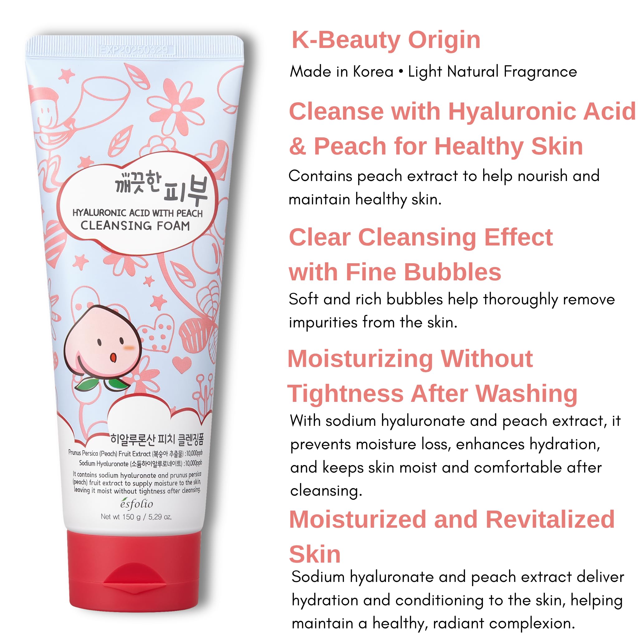 Esfolio Hyaluronic Acid Peach Cleansing Foam – Moisturizing Facial Cleanser