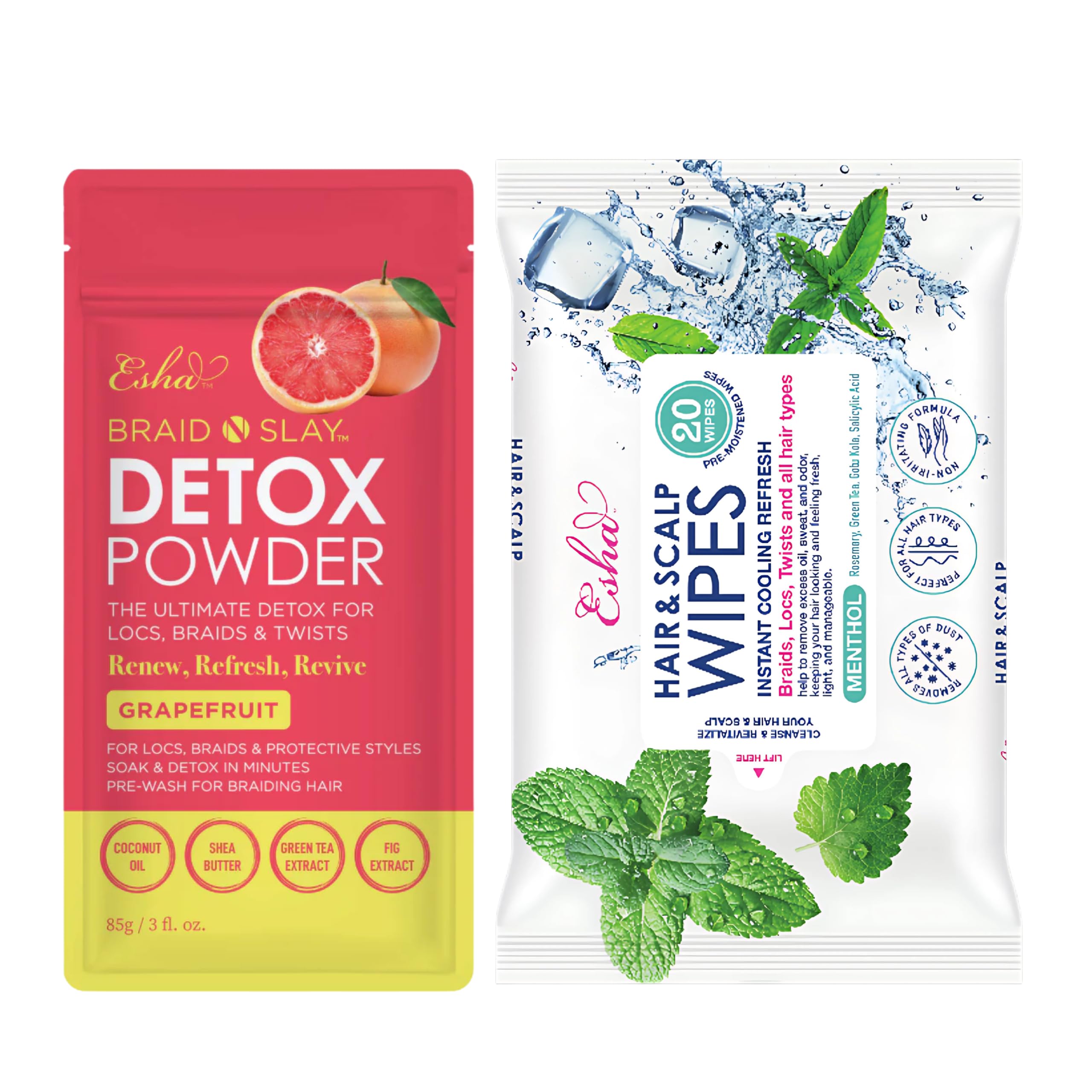 Esha Detox Kit: Hair & Scalp Wipes + Grapefruit Detox Powder for Scalp Cleanse & Buildup Care