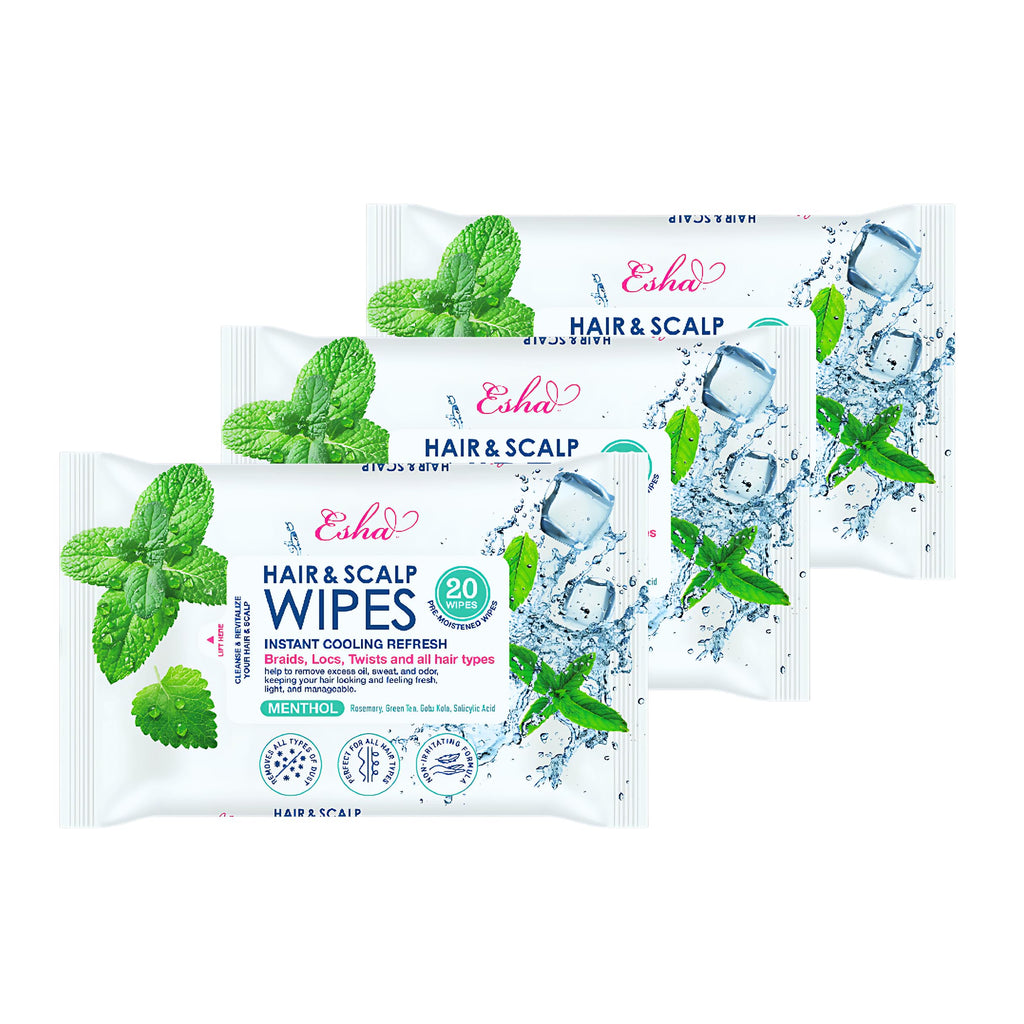 Esha Hair & Scalp Wipes – 3-Pack No-Rinse Waterless Cleanse for Braids, Wigs & Scalp