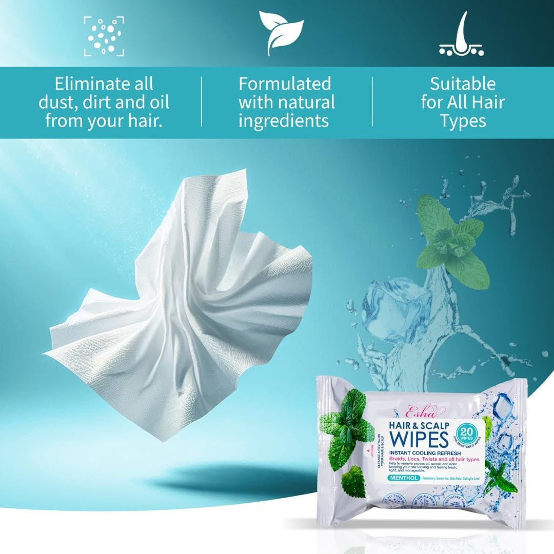 Esha Hair & Scalp Wipes – 3-Pack No-Rinse Waterless Cleanse for Braids, Wigs & Scalp