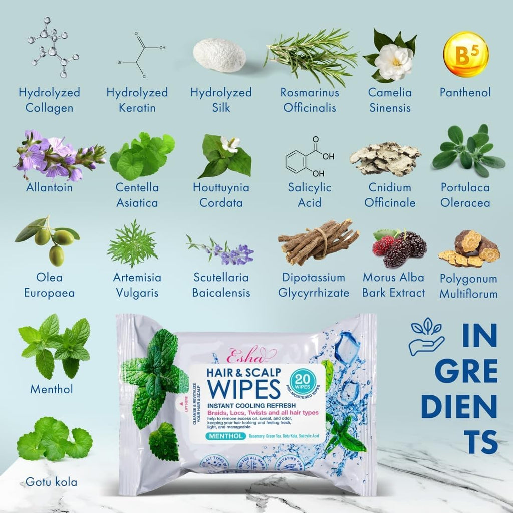Esha Hair & Scalp Wipes – 3-Pack No-Rinse Waterless Cleanse for Braids, Wigs & Scalp