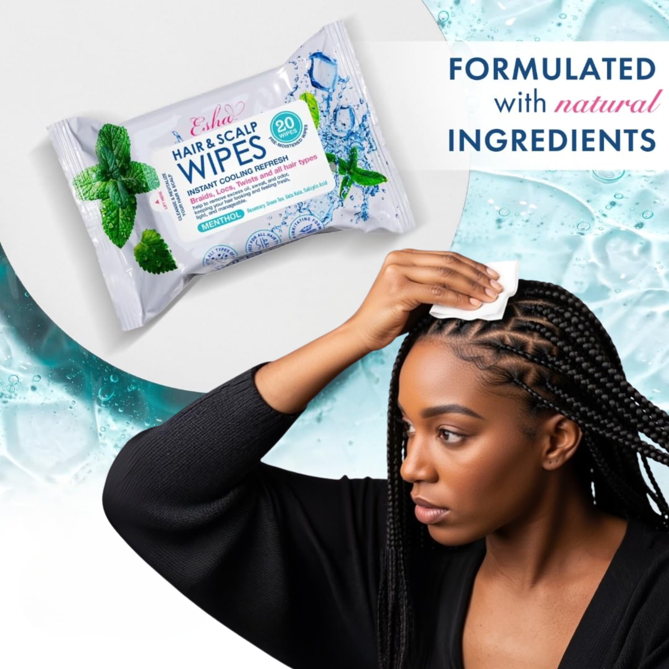 Esha Hair & Scalp Wipes – 3-Pack No-Rinse Waterless Cleanse for Braids, Wigs & Scalp