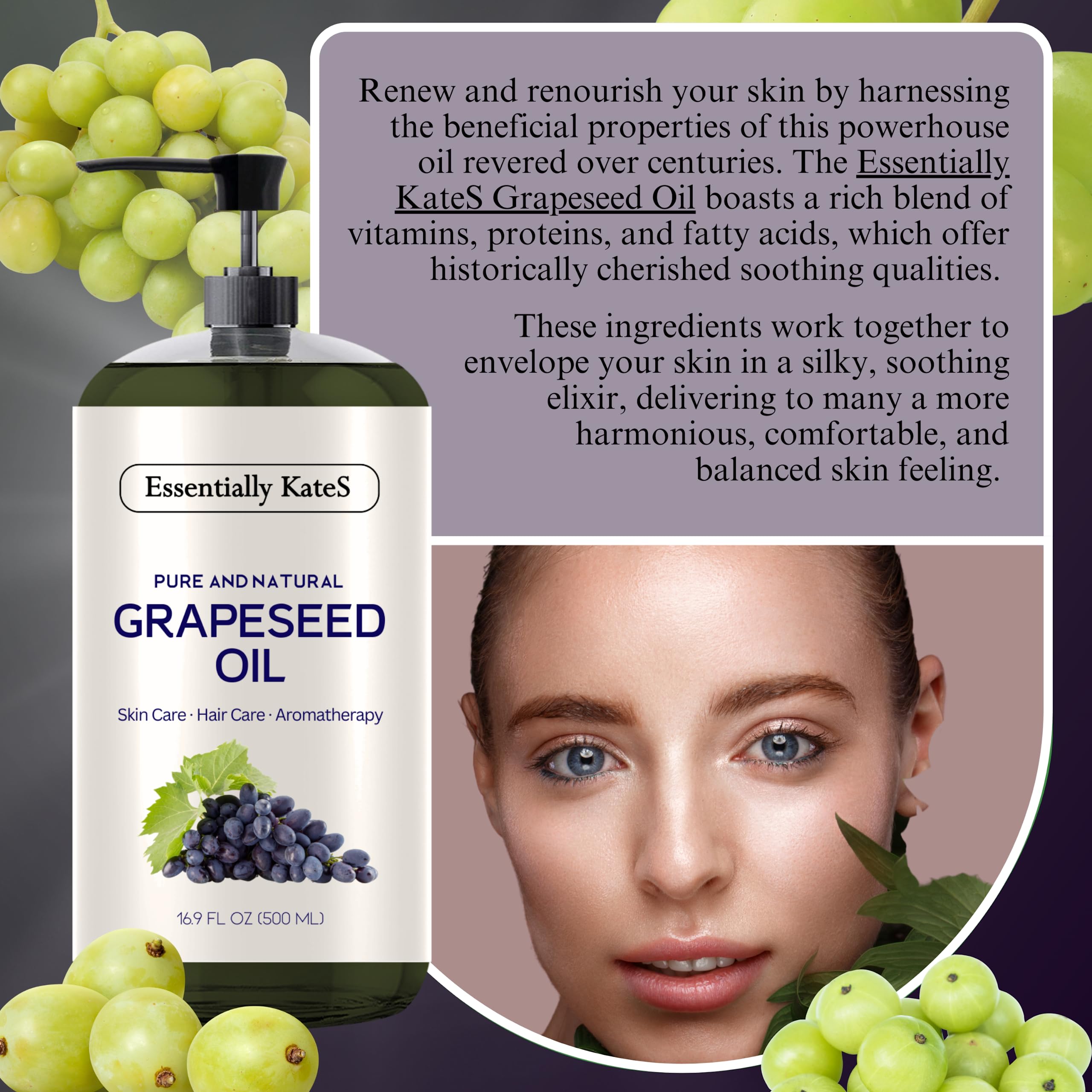 Essentially KateS Grapeseed Oil 33.8 Fl Oz Pack of 2 x 16.9 Fl Oz - 100% Pure & Natural, Cold Pressed