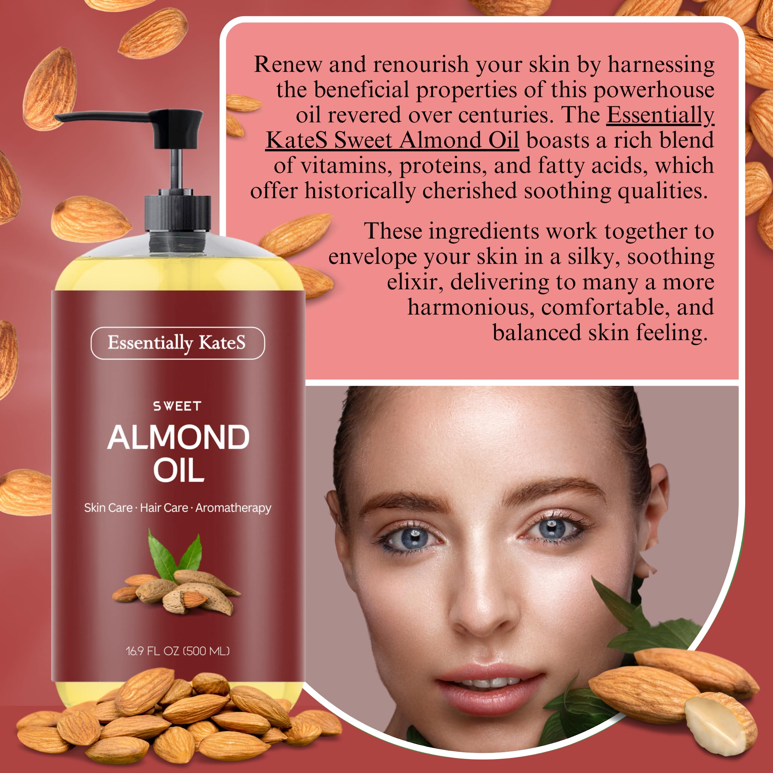 Essentially KateS Sweet Almond Oil – 33.8 Fl Oz (Pack of 2) | 100% Pure & Natural