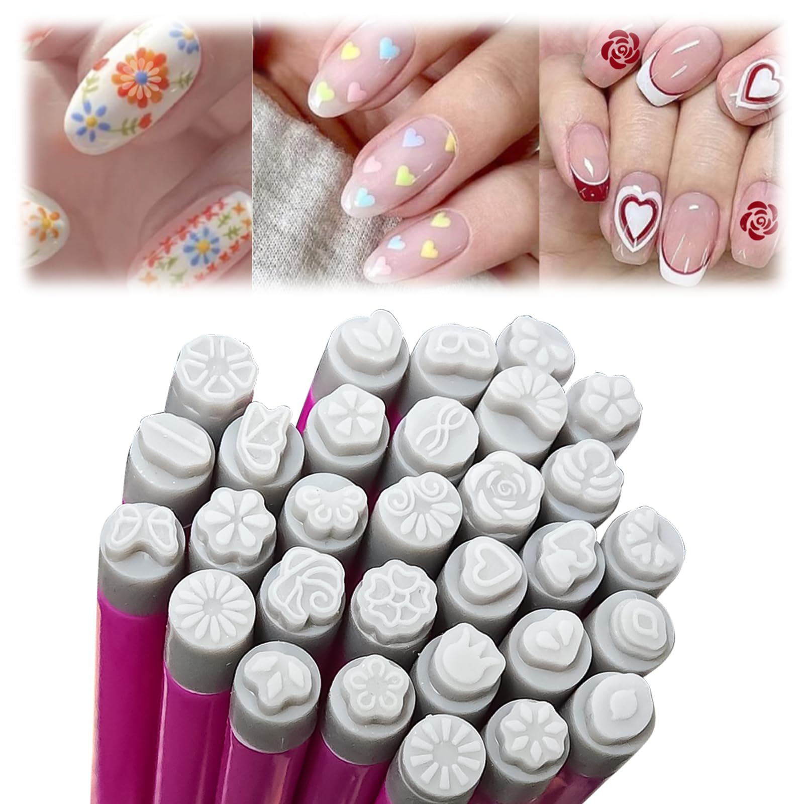 ESUOHYM Nail Art Stamp Pen Set – 15-Pattern Butterfly & Flower Nail Stamper, For Beginner DIY Manicure (Rose Red, Large Pack)