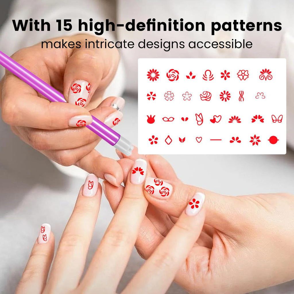 ESUOHYM Nail Art Stamp Pen Set – 15-Pattern Butterfly & Flower Nail Stamper, For Beginner DIY Manicure (Rose Red, Large Pack)