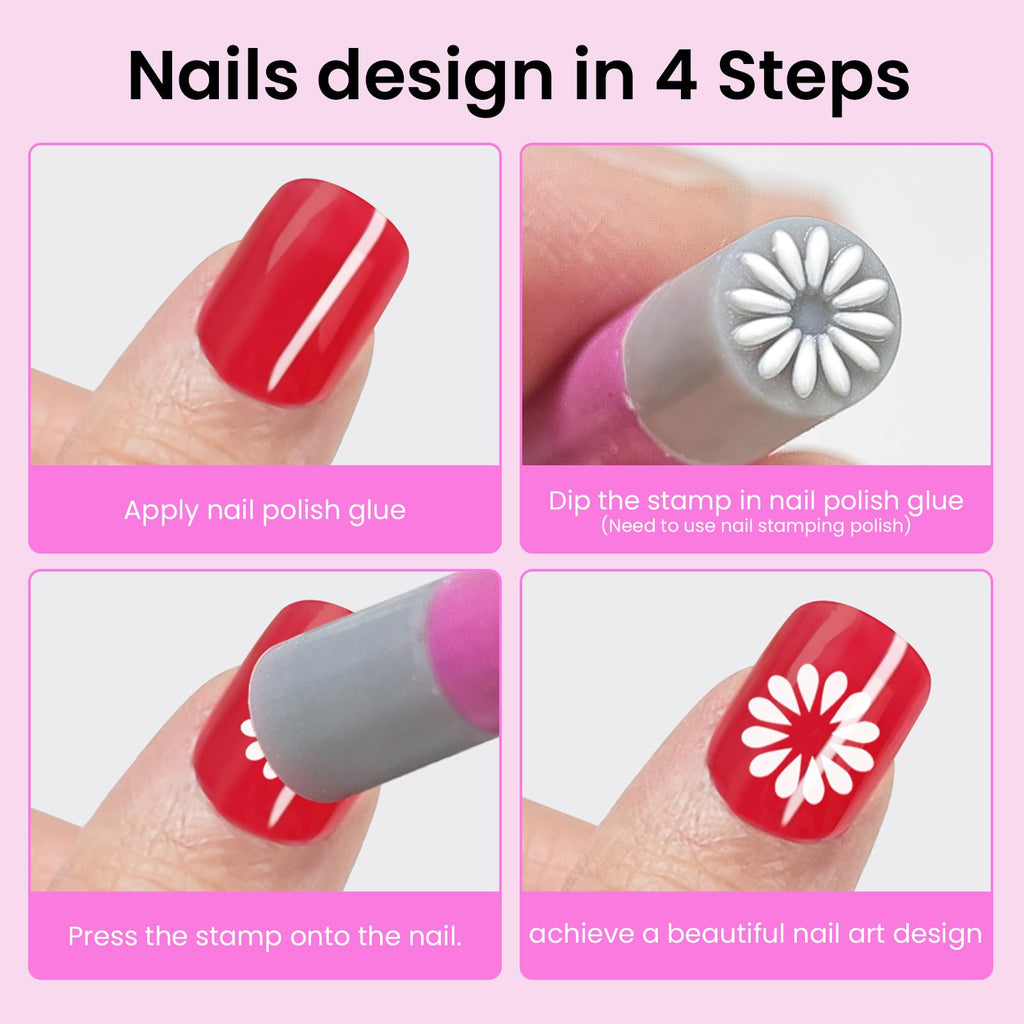 ESUOHYM Nail Art Stamp Pen Set – 15-Pattern Butterfly & Flower Nail Stamper, For Beginner DIY Manicure (Rose Red, Large Pack)