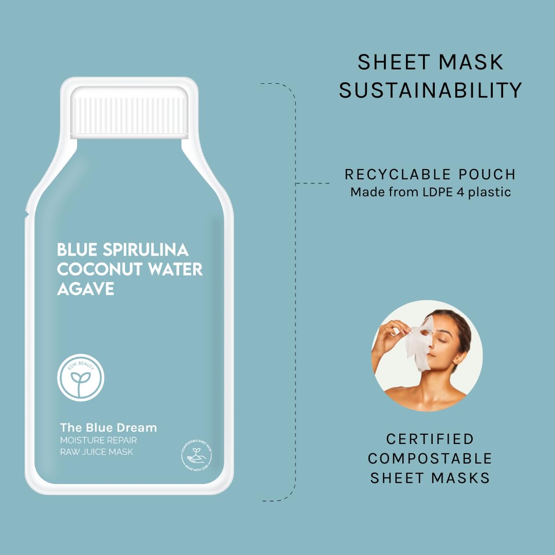 ESW Beauty The Blue Dream – Moisture Repair Raw Juice Face Mask (6-Pack) | Hydration with Blue Spirulina, Coconut Water & Agave