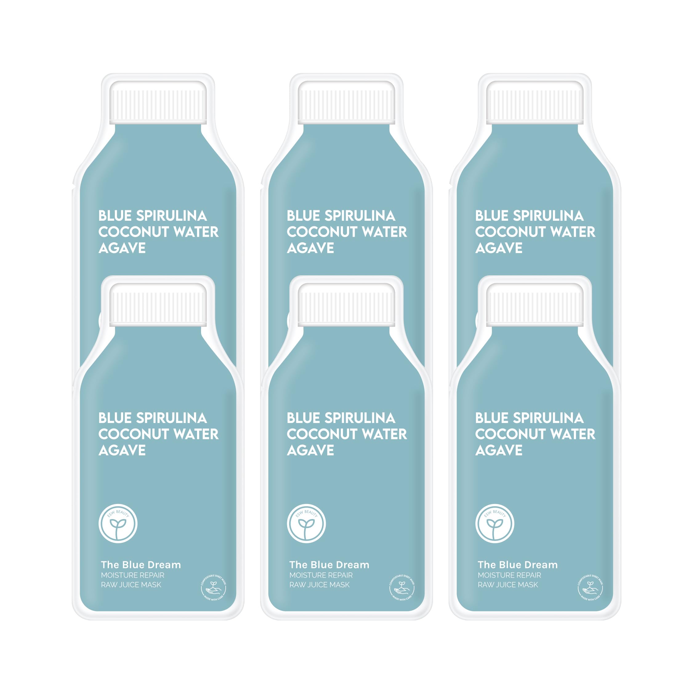 ESW Beauty The Blue Dream – Moisture Repair Raw Juice Face Mask (6-Pack) | Hydration with Blue Spirulina, Coconut Water & Agave