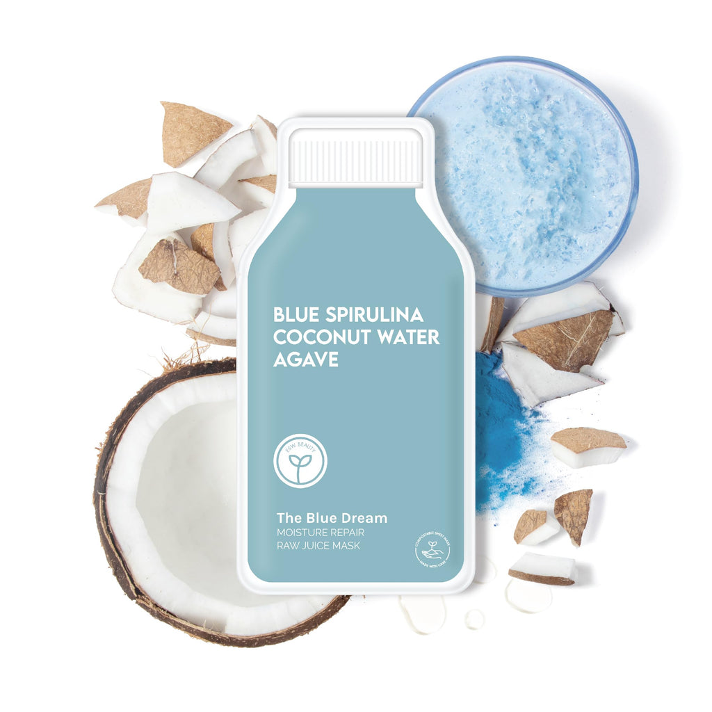 ESW Beauty The Blue Dream – Moisture Repair Raw Juice Face Mask (6-Pack) | Hydration with Blue Spirulina, Coconut Water & Agave