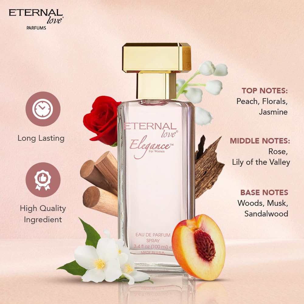 Eternal Love Elegance for Women – Long-Lasting Eau de Parfum Spray (3.4 oz) with Peach, Jasmine & Sandalwood