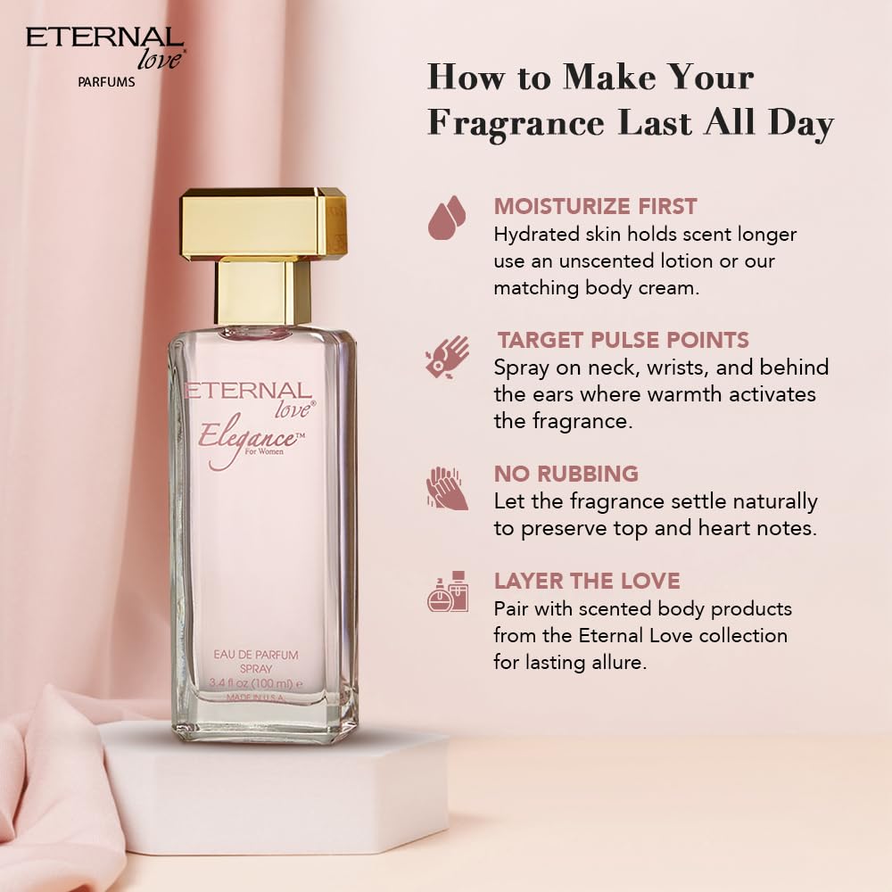 Eternal Love Elegance for Women – Long-Lasting Eau de Parfum Spray (3.4 oz) with Peach, Jasmine & Sandalwood
