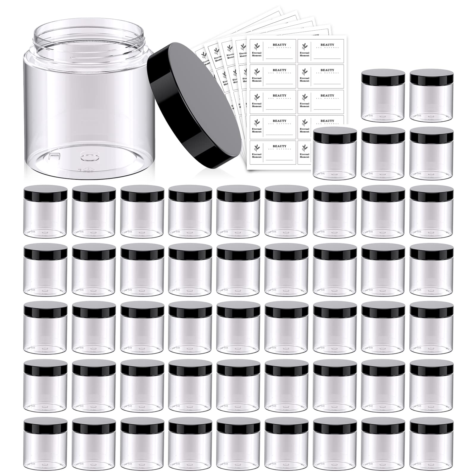 Eternal Moment 50-Pack 4oz Clear Jars with Black Lids – Leakproof Cosmetic Containers for Travel, Slime, and Samples