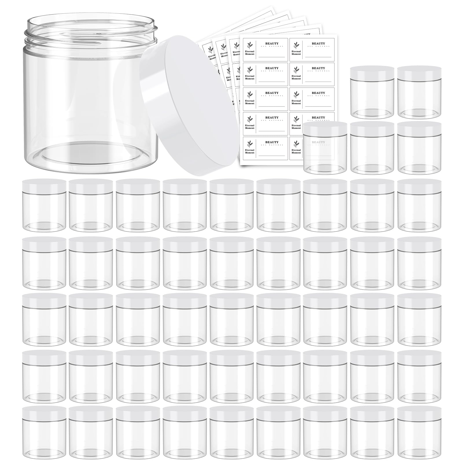 Eternal Moment 50-Pack 4oz Clear Plastic Jars with White Lids – Slime, Lotion, Cream & Makeup Containers