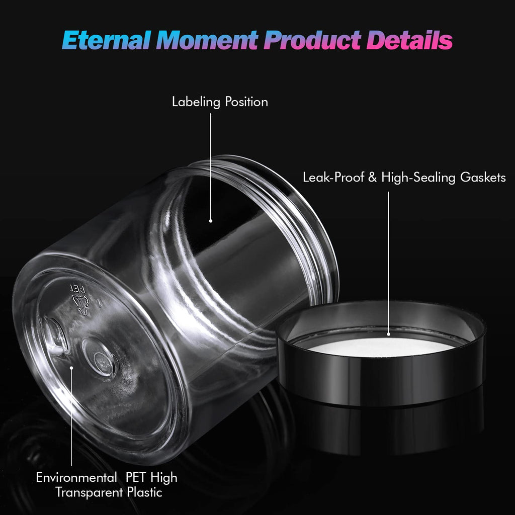 Eternal Moment 50-Pack 4oz Clear Jars with Black Lids – Leakproof Cosmetic Containers for Travel, Slime, and Samples