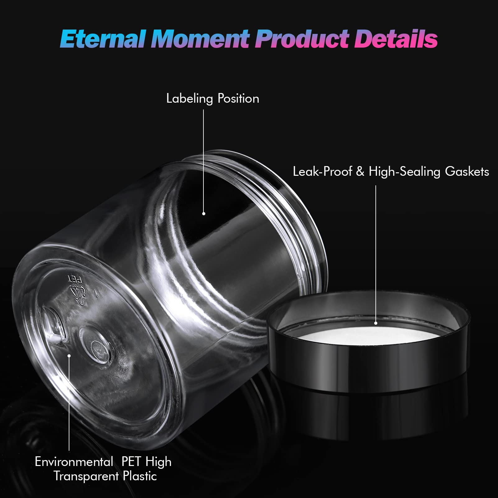 Eternal Moment 50-Pack 4oz Clear Jars with Black Lids – Leakproof Cosmetic Containers for Travel, Slime, and Samples