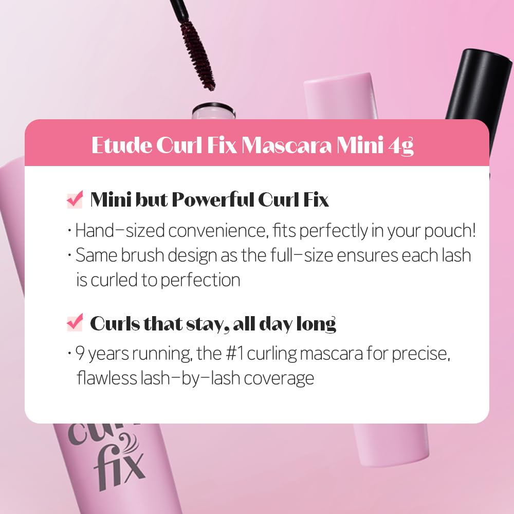 ETUDE Curl Fix Mascara Mini – 24h Waterproof Curl, Strong Lift, Vegan Certified, Black 0.14 fl oz
