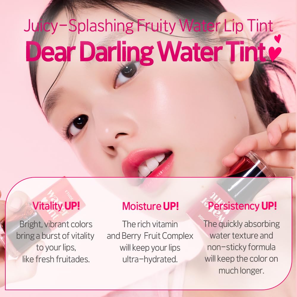 ETUDE Dear Darling Water Tint 3 Color Set – Strawberry Ade, Cherry Ade, Orange Ade | Weightless, Hydrating Lip Stain