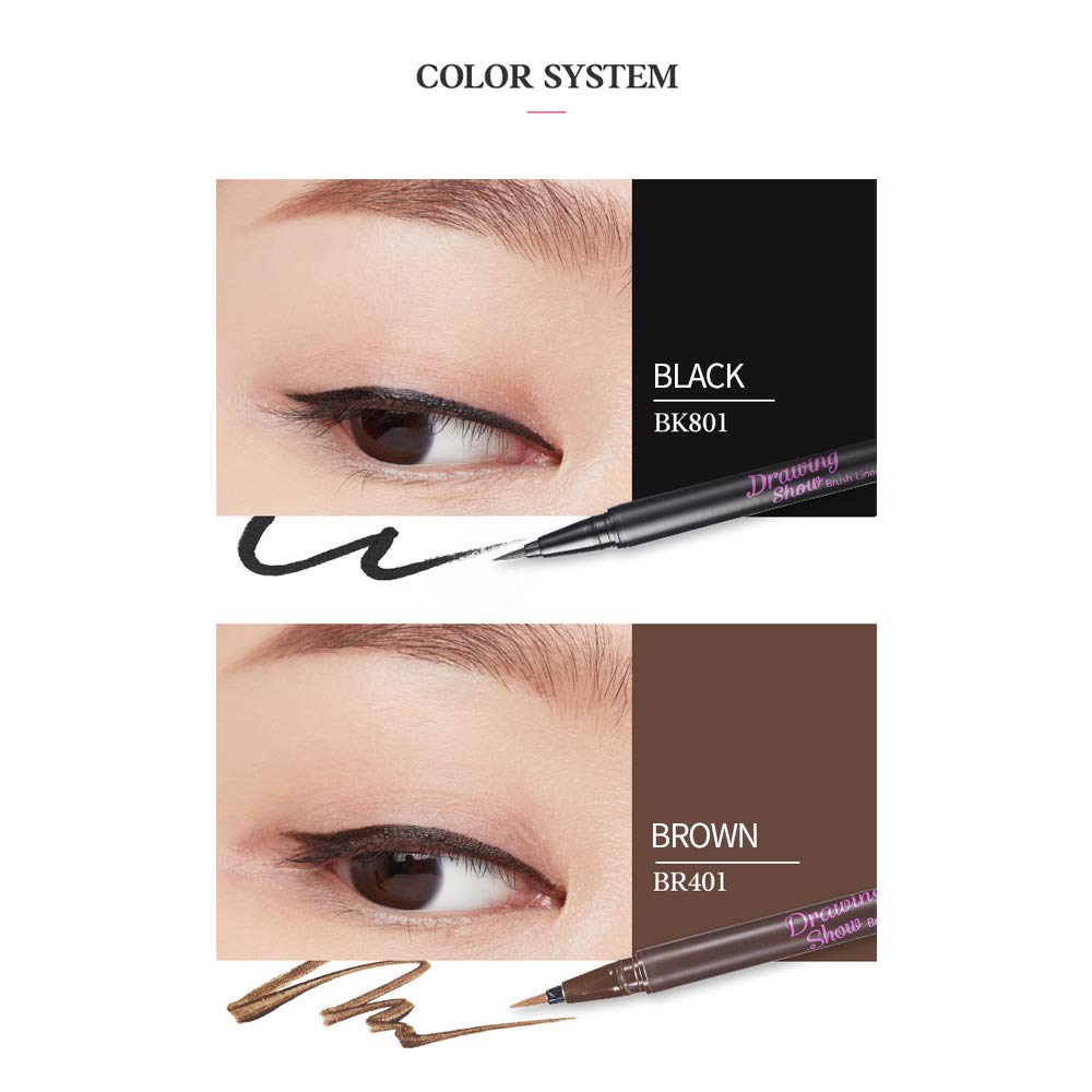 ETUDE Drawing Show Brush Eyeliner – Waterproof Liquid Eyeliner with Soft Brush Pen, Precise Tip (0.021 oz)