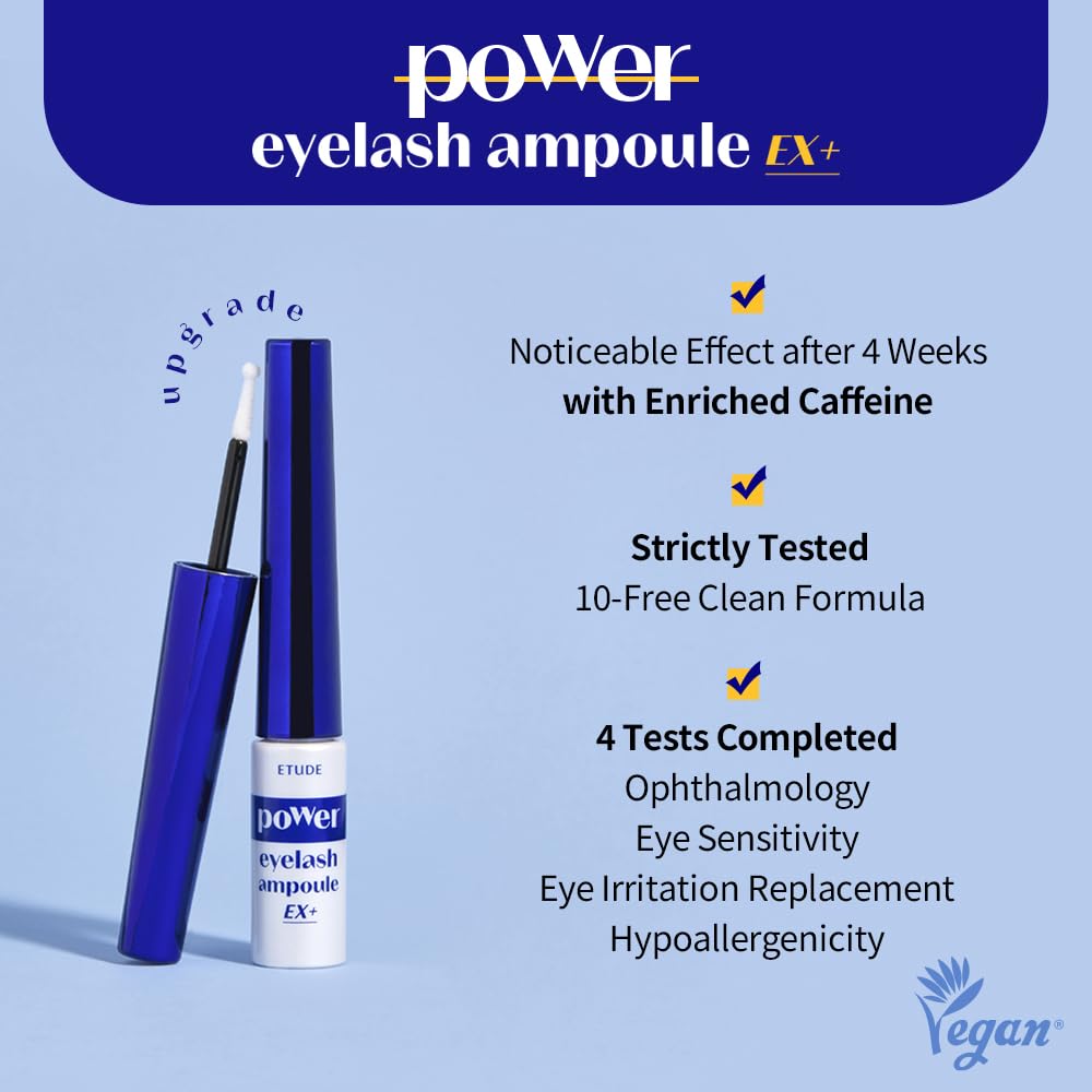 ETUDE Power Eyelash Ampoule 1+1 Set – Lash & Brow Treatment with Caffeine, Ultra Slim Tip