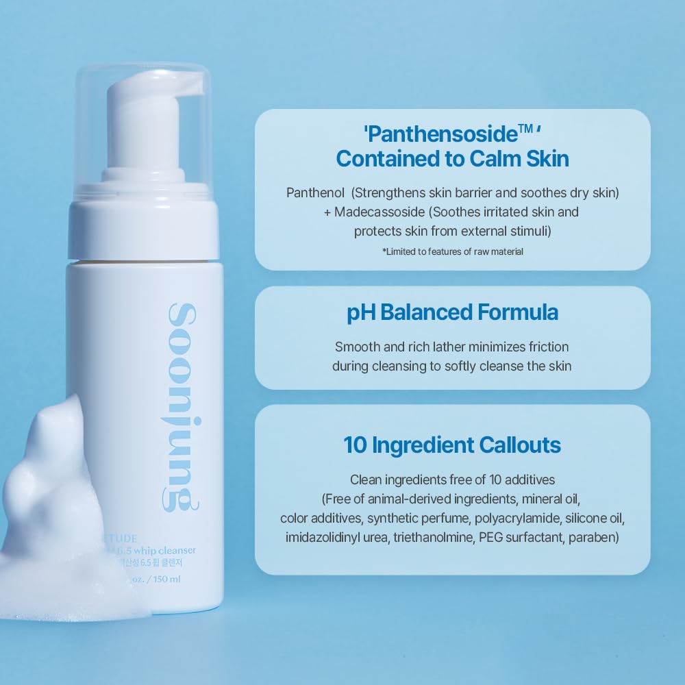 ETUDE SoonJung pH 6.5 Whip Cleanser Big Size — Mild Micro Foaming Face Wash for Sensitive Skin