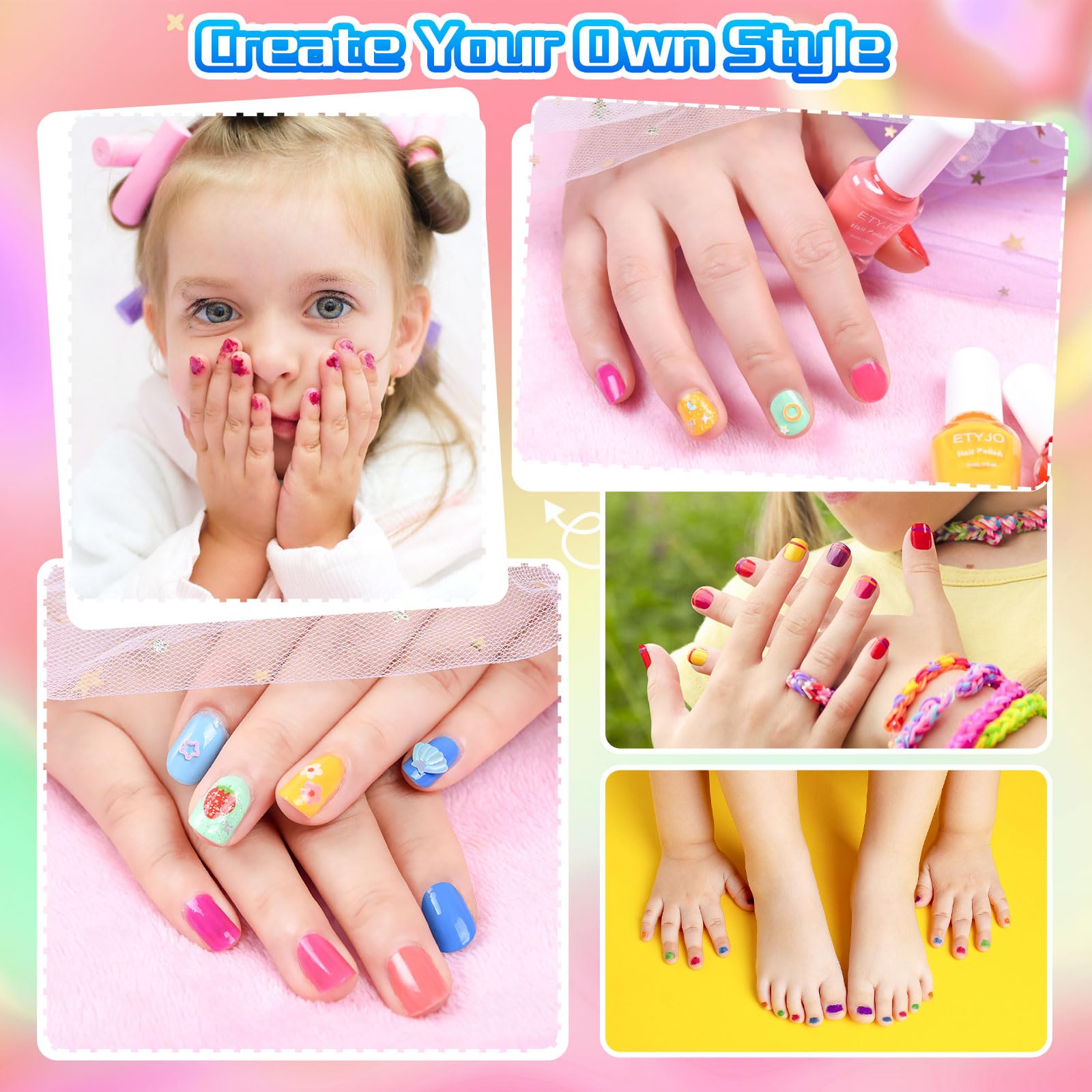 ETYJO Kids Nail Polish Set – Non-Toxic Water-Based Peel-Off, 10 Rainbow Colors, Quick Dry (Ages 3+)