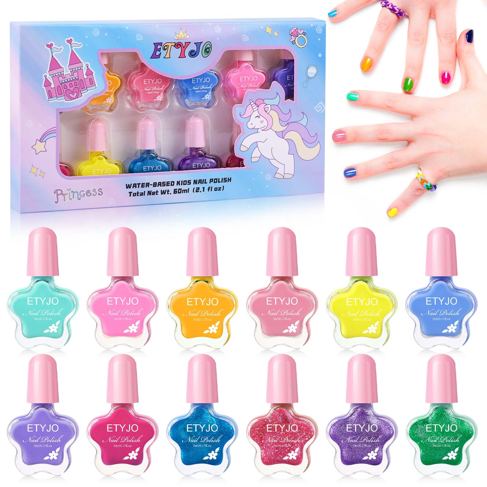 ETYJO Kids Nail Polish 12-Color Set — Water-Based, Non-Toxic, Quick-Dry, Peel-Off