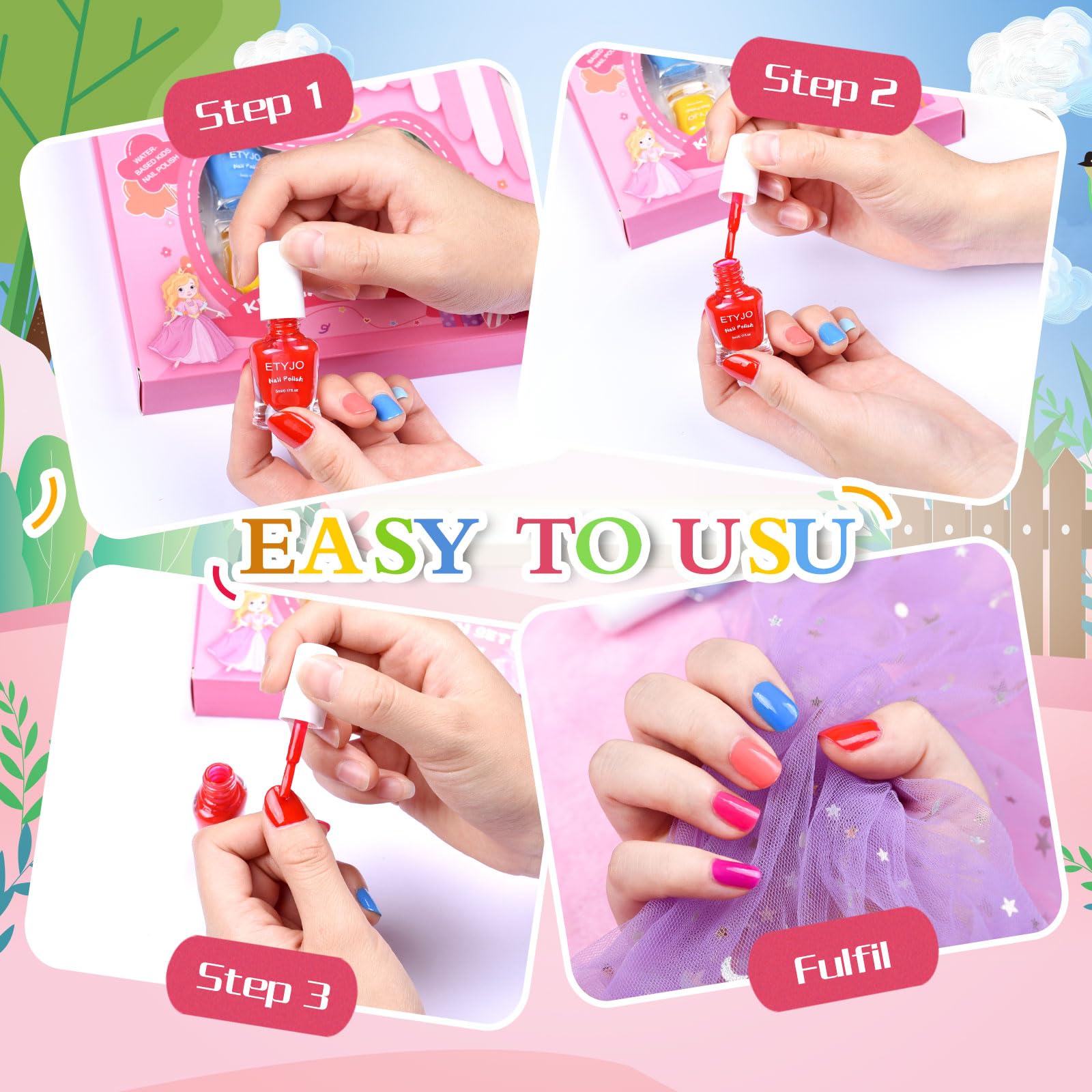 ETYJO Kids Nail Polish Set – Non-Toxic Water-Based Peel-Off, 10 Rainbow Colors, Quick Dry (Ages 3+)