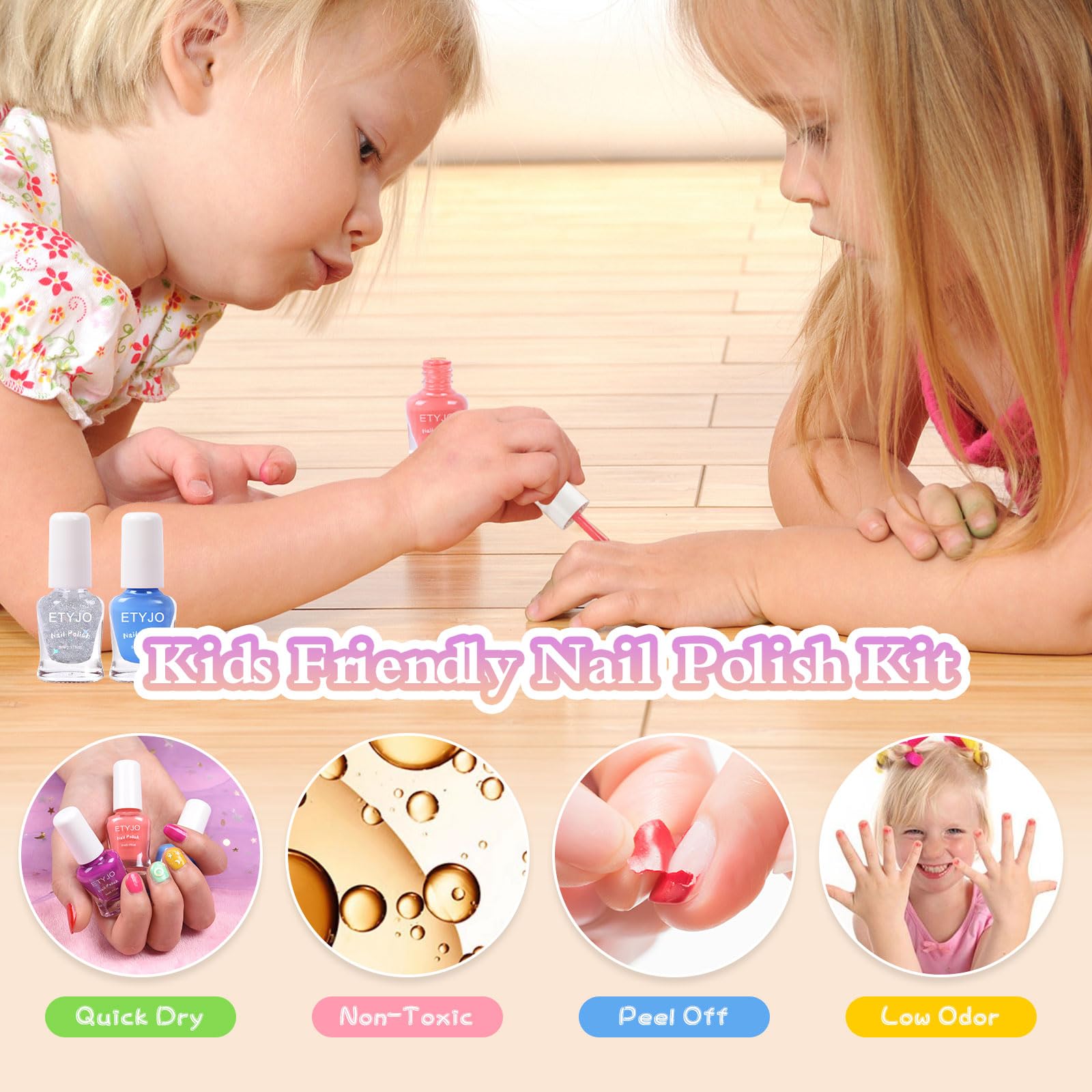 ETYJO Kids Nail Polish Set – Non-Toxic Water-Based Peel-Off, 10 Rainbow Colors, Quick Dry (Ages 3+)