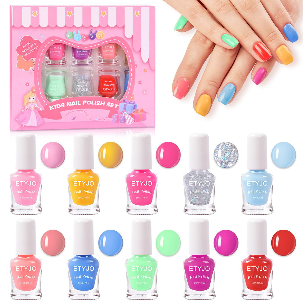 ETYJO Kids Nail Polish Set – Non-Toxic Water-Based Peel-Off, 10 Rainbow Colors, Quick Dry (Ages 3+)