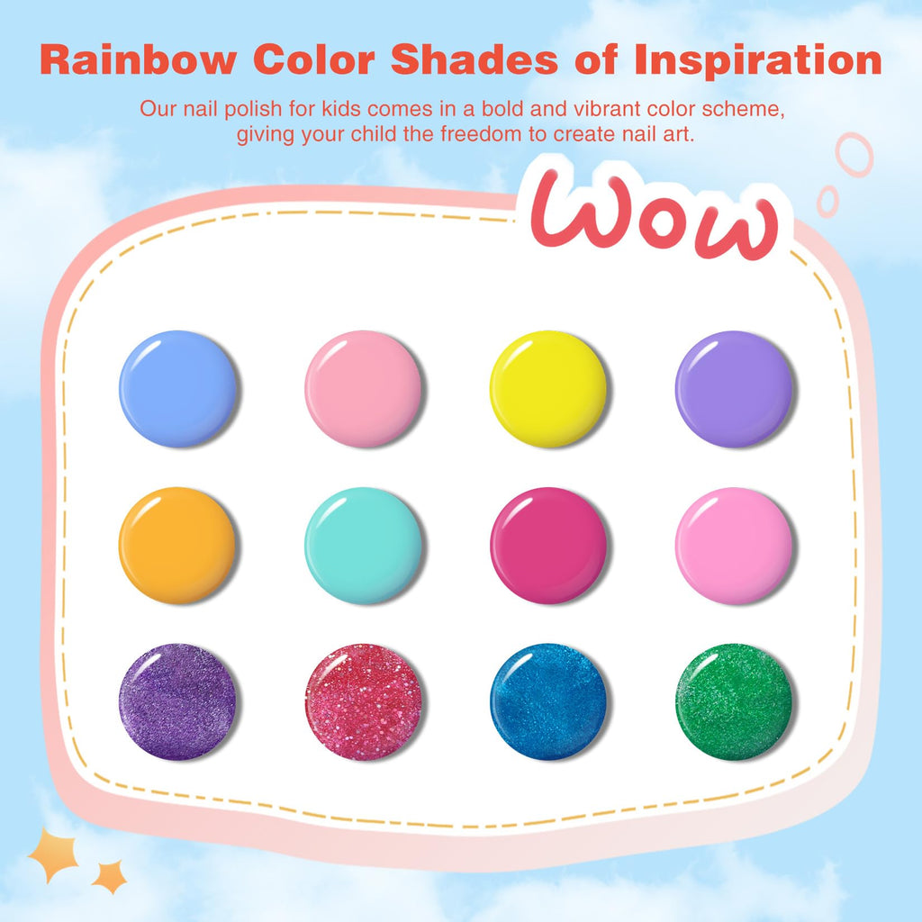 ETYJO Kids Nail Polish 12-Color Set — Water-Based, Non-Toxic, Quick-Dry, Peel-Off