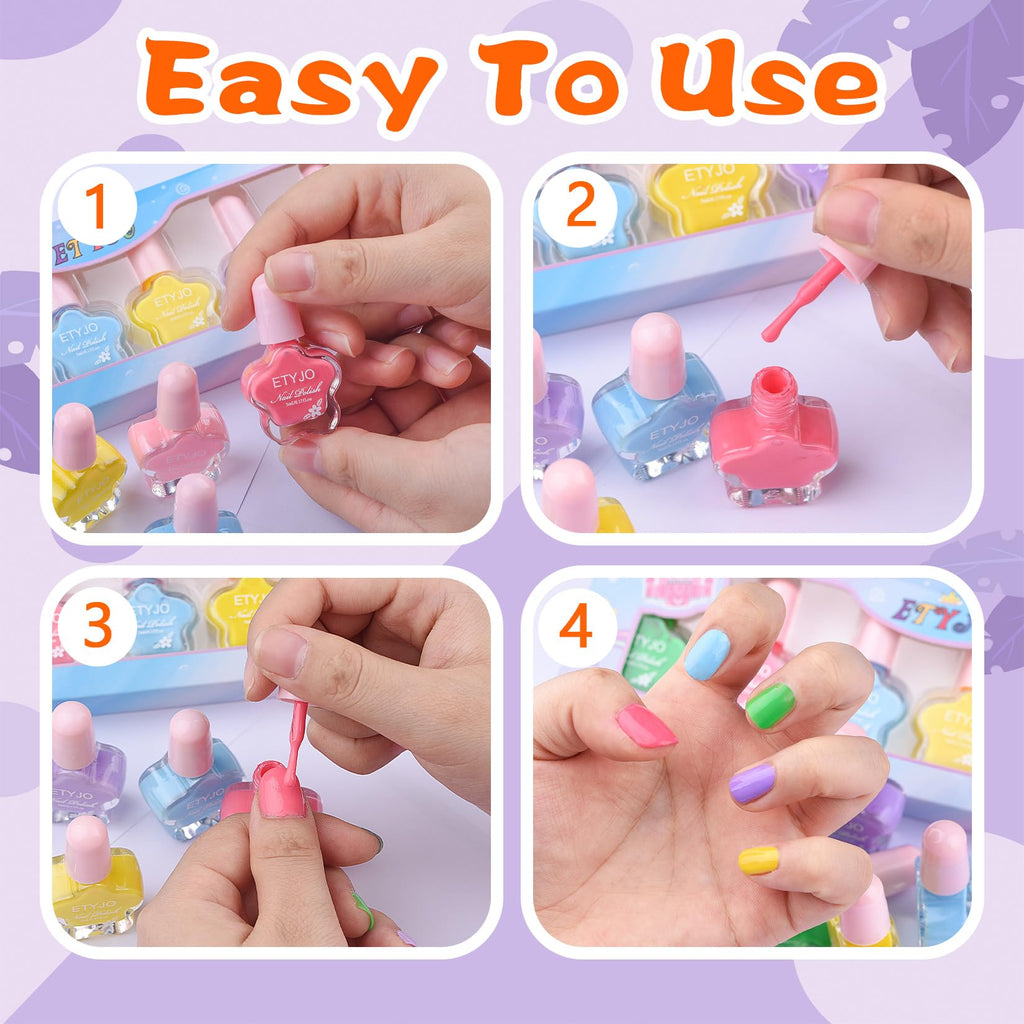 ETYJO Kids Nail Polish 12-Color Set — Water-Based, Non-Toxic, Quick-Dry, Peel-Off
