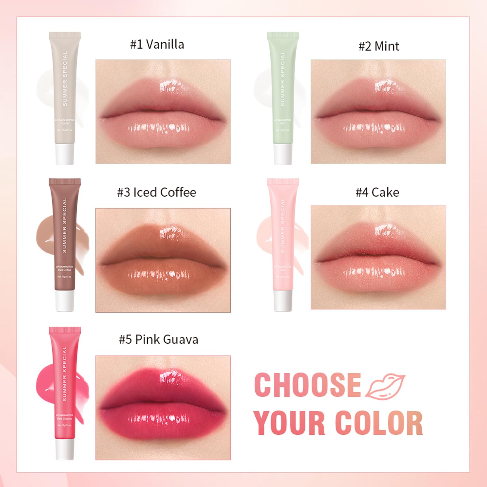 Eudivine Summer Special Lip Butter Gloss – Vanilla, Iced Coffee, Mint, Cake & Guava