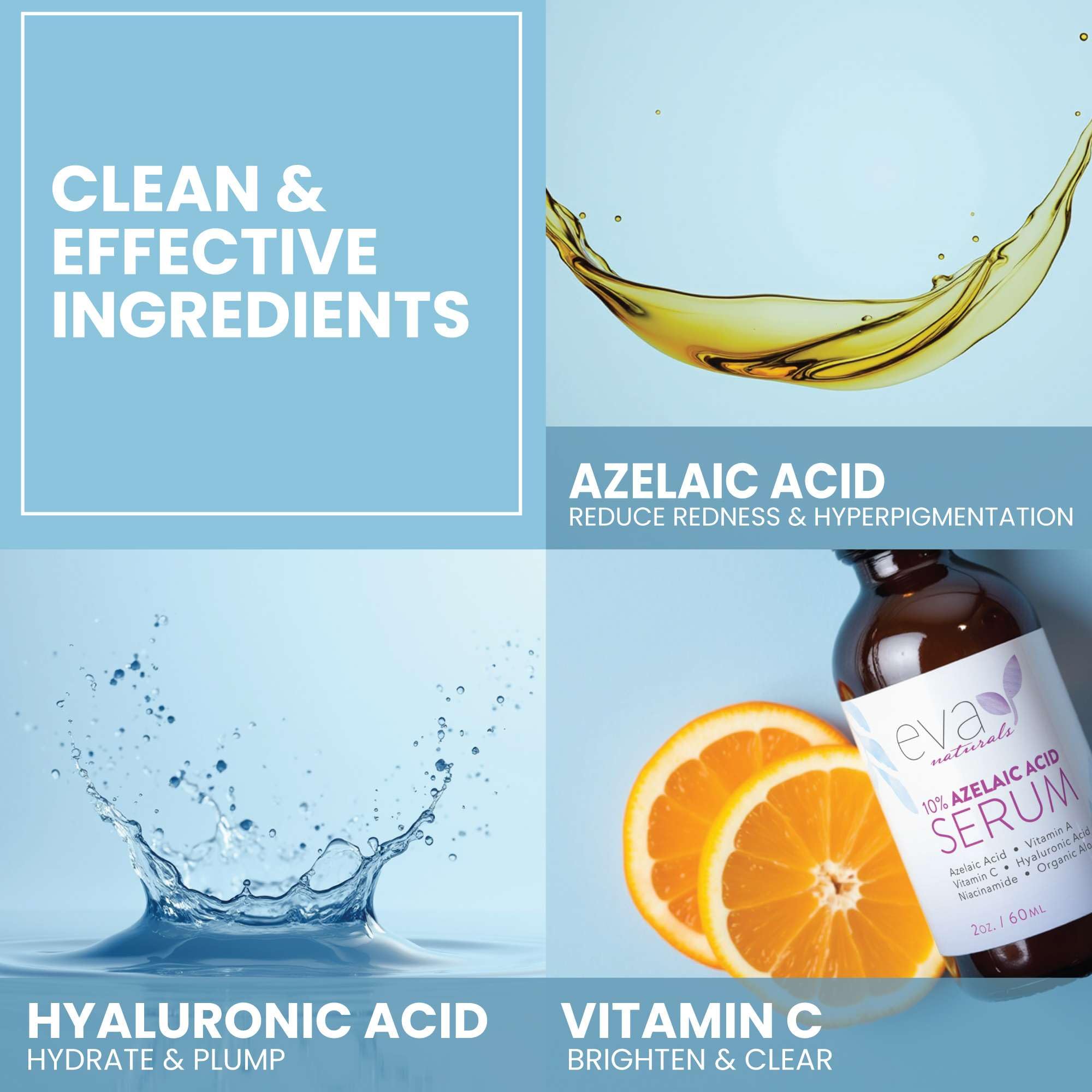 Eva Naturals Azelaic Acid 10% Serum – 2 oz (2 Pack) with Niacinamide & Hyaluronic Acid | Lightweight Facial Serum