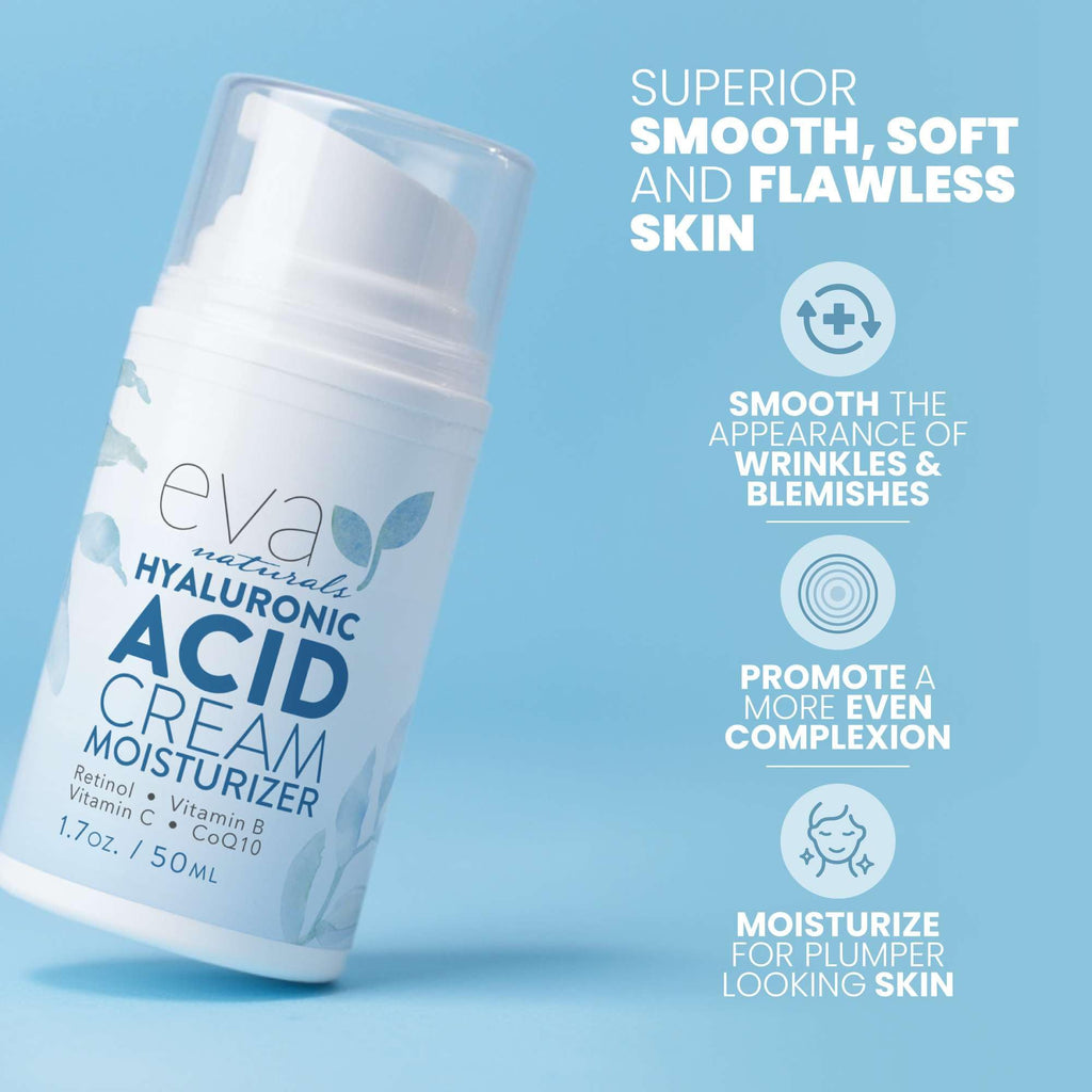 Eva Naturals Hyaluronic Acid Face Cream – Deep Hydration & Firming Moisturizer with Retinol, Vitamin C & Q10 | Day & Night, 1.7 fl oz