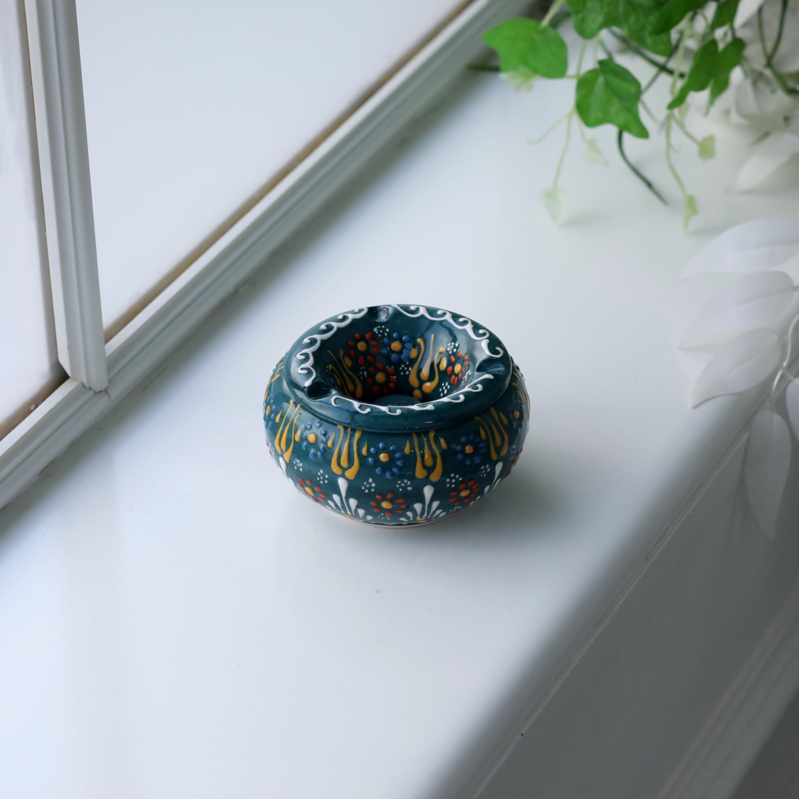 EVANILIFE Decorative Ceramic Jar with Windproof Lid - Handcrafted Turkish Colorful Jar (Dark Green)