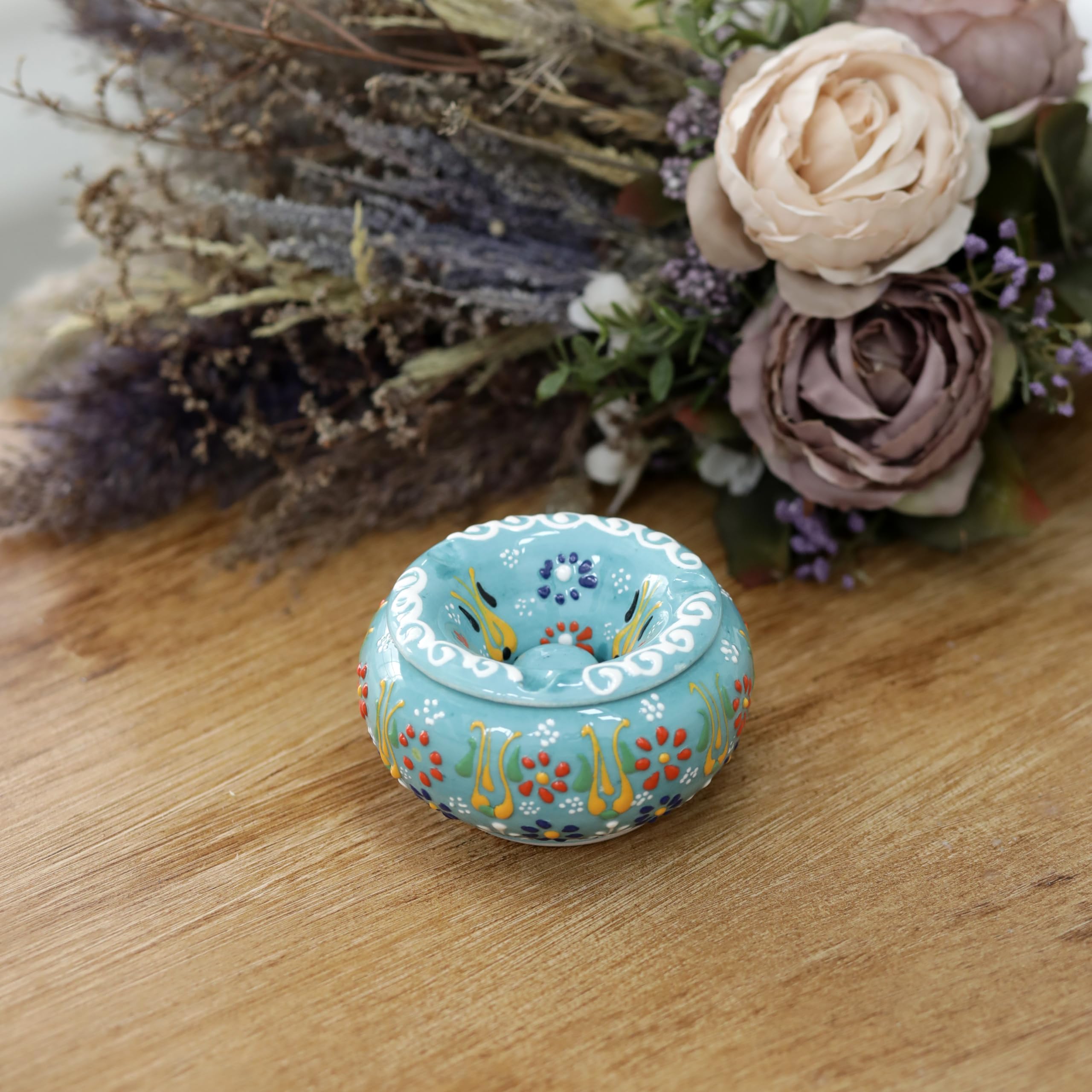 EVANILIFE Decorative Ceramic Jar with Turquoise Finish – Handmade Windproof Lid, Turkish Home Decor