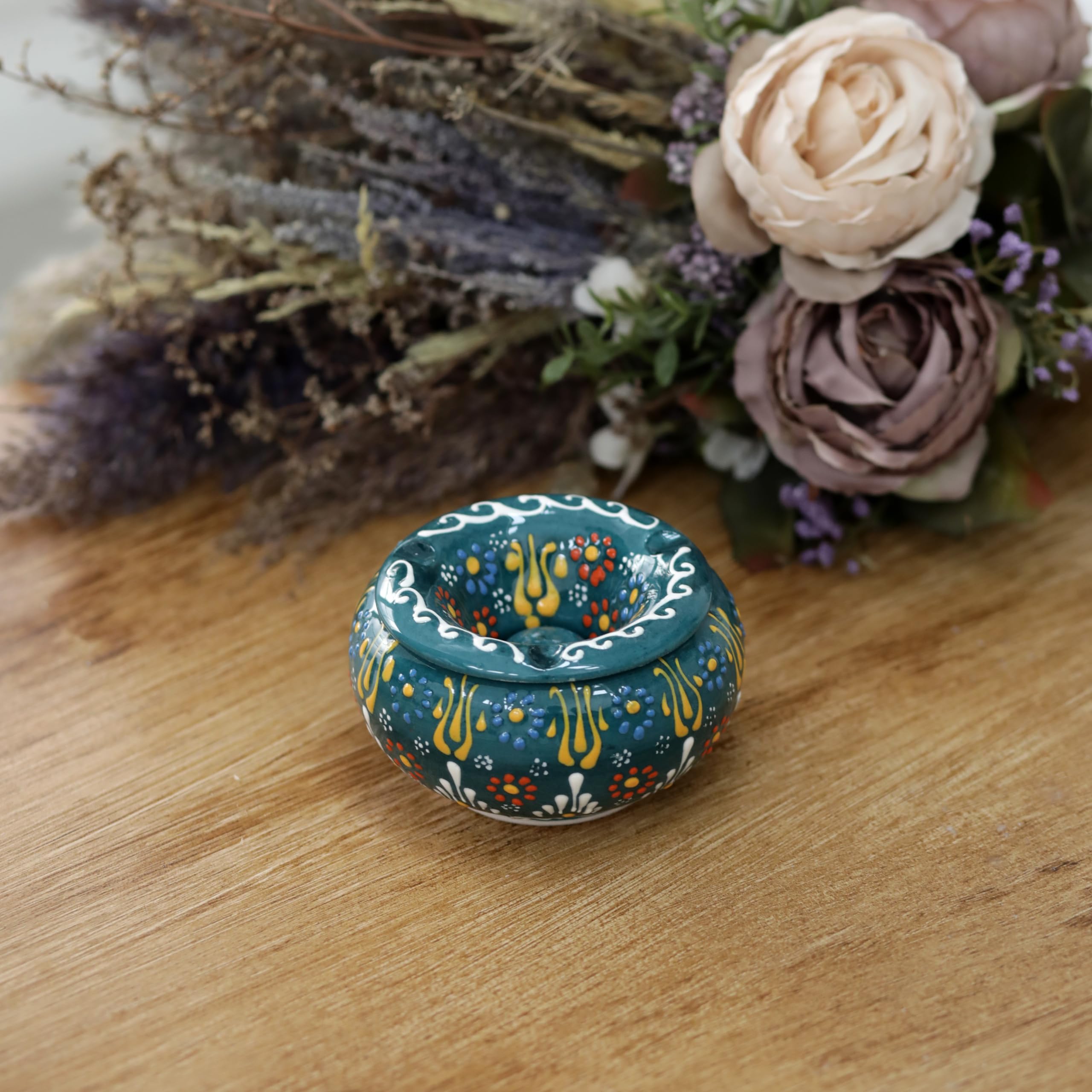 EVANILIFE Decorative Ceramic Jar with Windproof Lid - Handcrafted Turkish Colorful Jar (Dark Green)