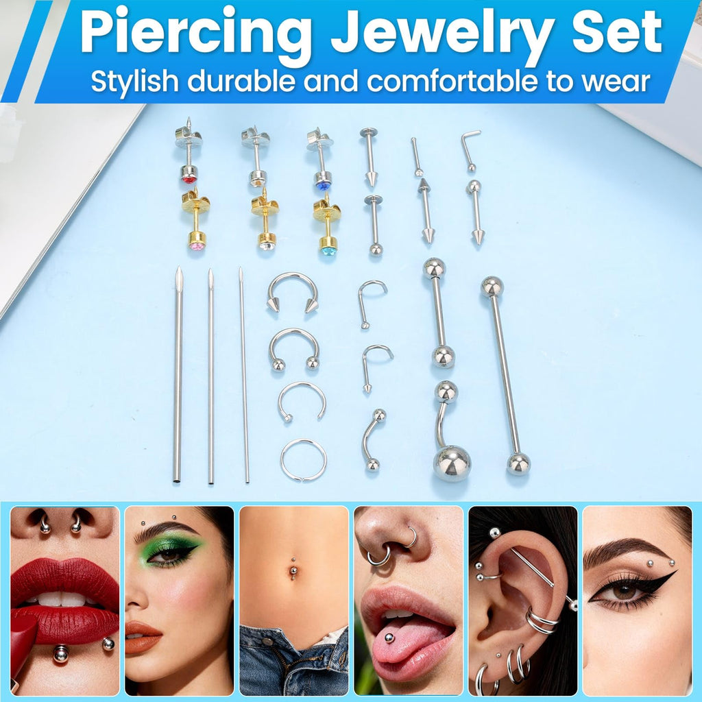 Evatage 163PCS Body Piercing Kit | 14G/16G/20G Needles & Jewelry