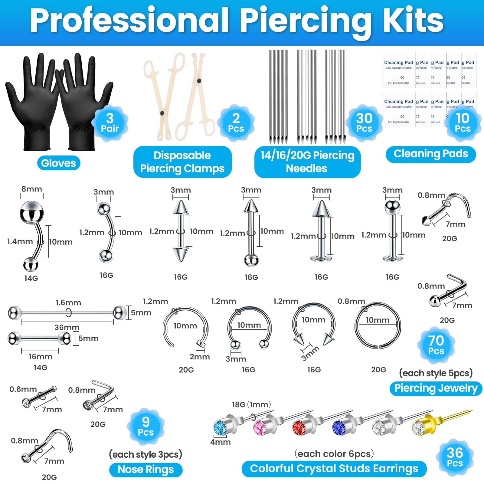 Evatage 163PCS Body Piercing Kit | 14G/16G/20G Needles & Jewelry
