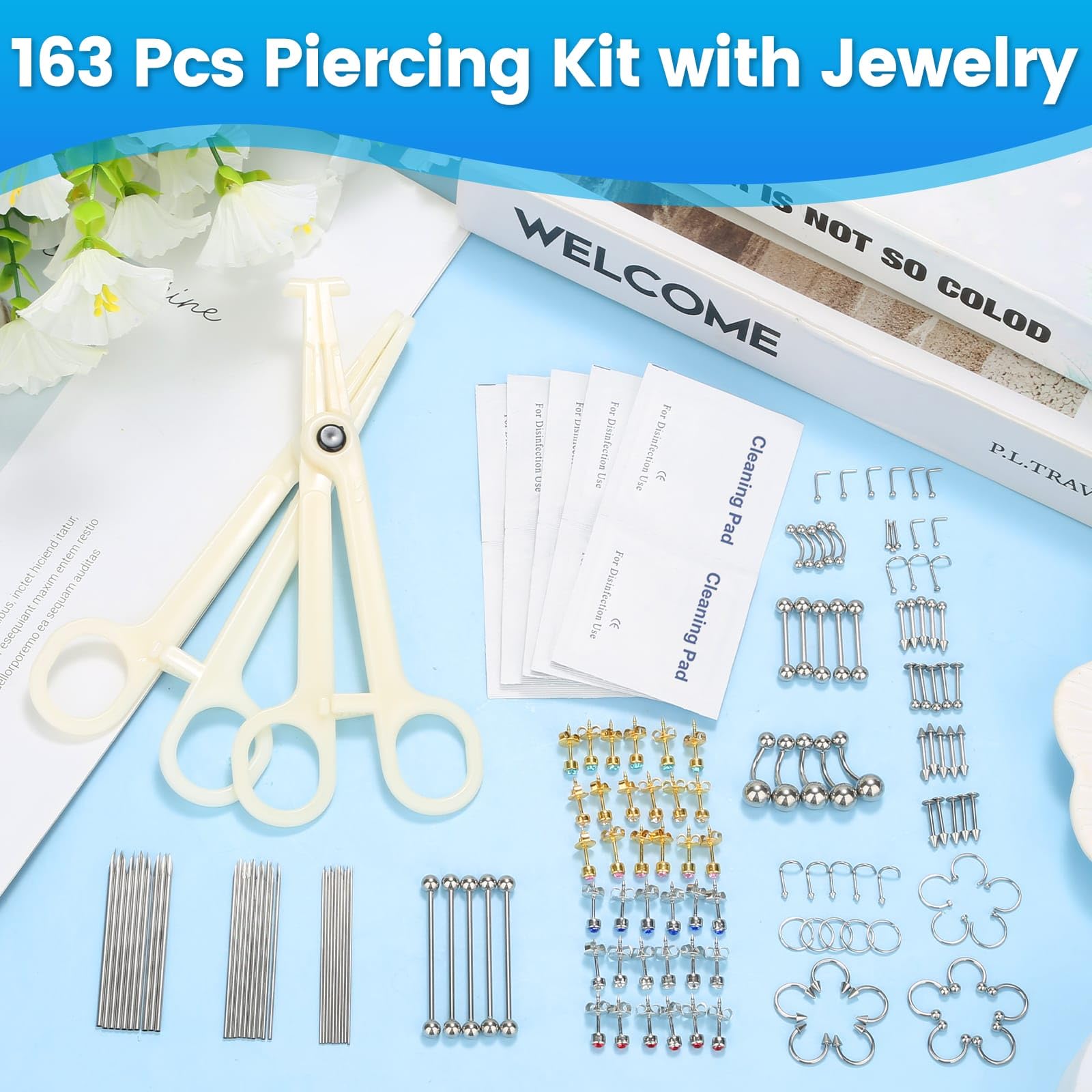 Evatage 163PCS Body Piercing Kit | 14G/16G/20G Needles & Jewelry