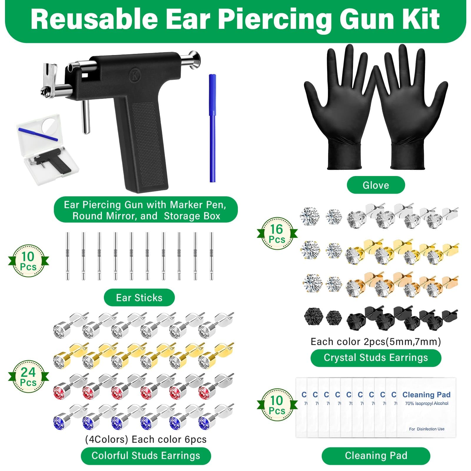 Evatage Reusable Ear Piercing Gun Kit — At Home Piercing Tool Set with Crystal Stud Earrings