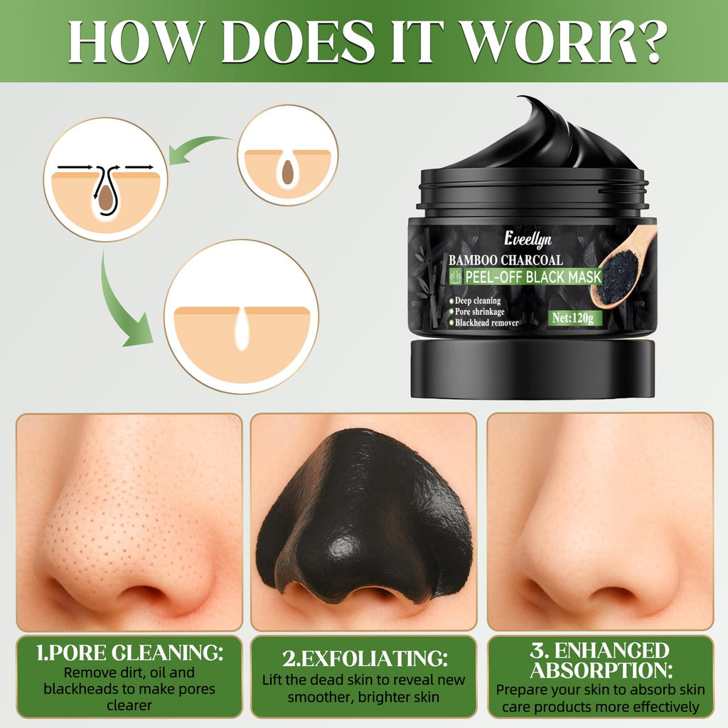 Eveellyn Blackhead Remover Mask - Bamboo Charcoal Peel Off for Deep Cleansing & Pore Refinement (120ml)