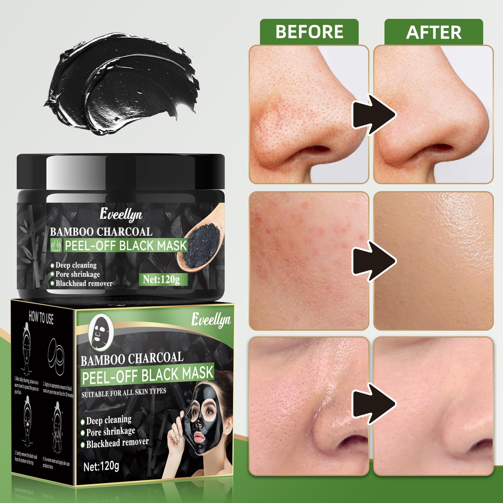 Eveellyn Blackhead Remover Mask - Bamboo Charcoal Peel Off for Deep Cleansing & Pore Refinement (120ml)