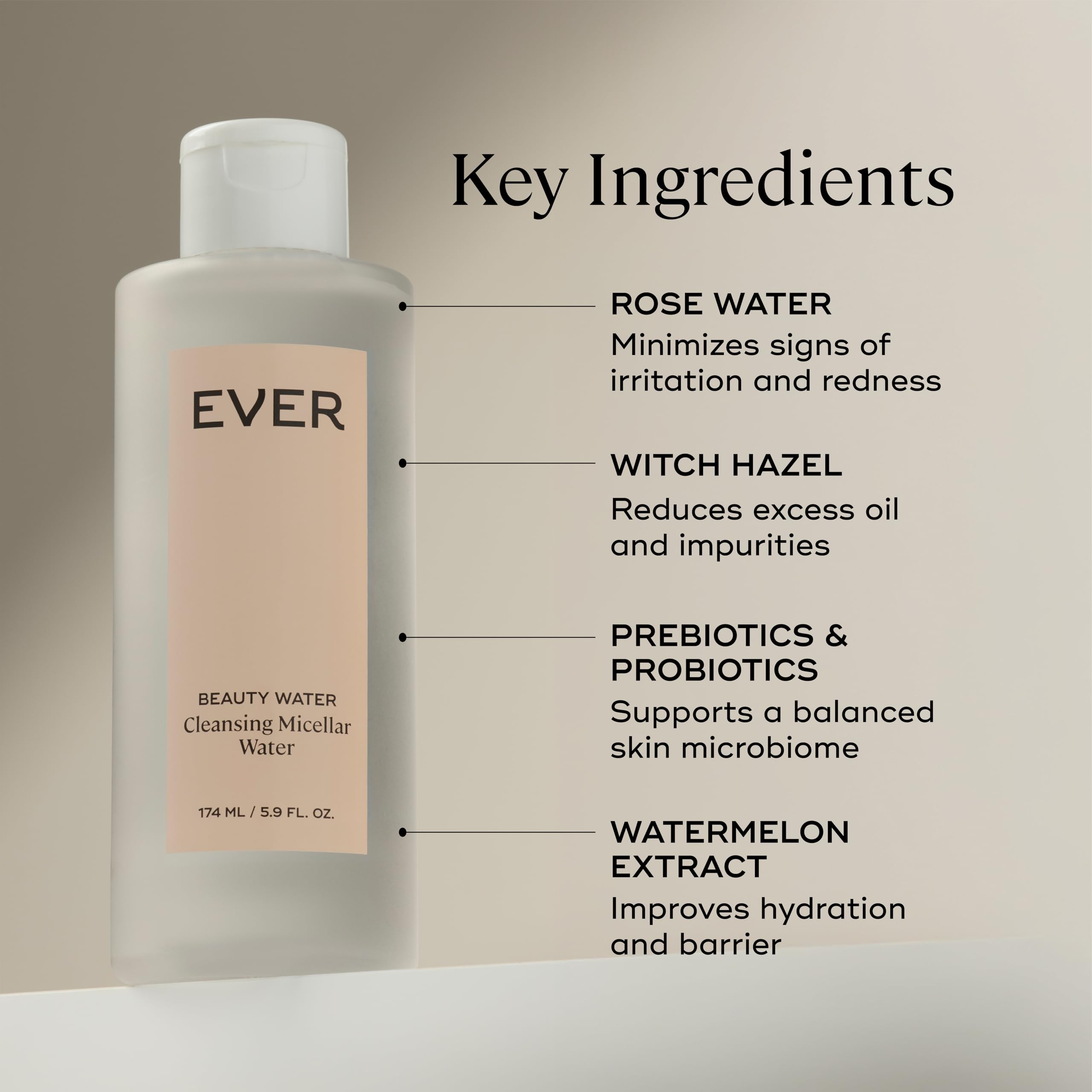 EVER Beauty Water Micellar Cleanser – Rose Water, Probiotics & Lactic Acid (5.9 fl oz)