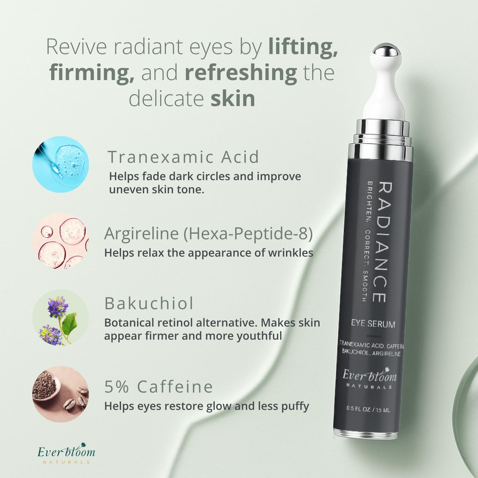 Everbloom Naturals Tranexamic Eye Serum Roller — Bakuchiol, Argireline & Caffeine for Dark Circles