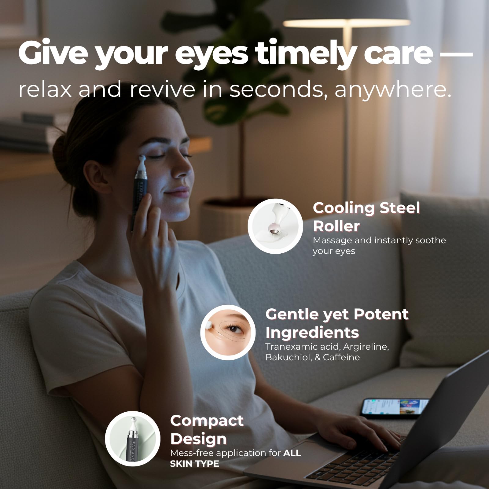 Everbloom Naturals Tranexamic Eye Serum Roller — Bakuchiol, Argireline & Caffeine for Dark Circles